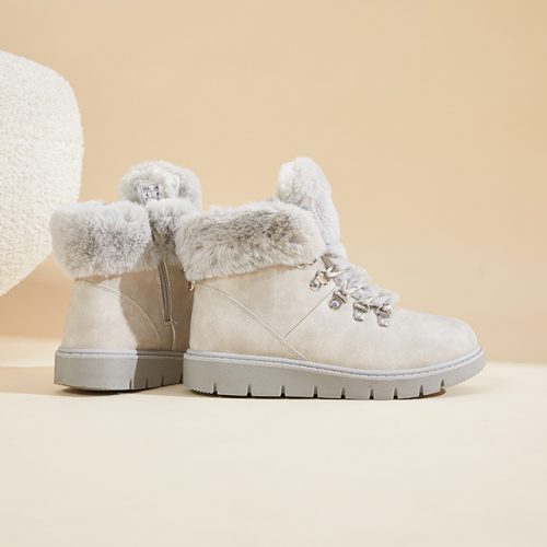 Grey Synthetic Leather Winter Boots with Faux Fur Lining – Durable, Comfortable Casual Shoes