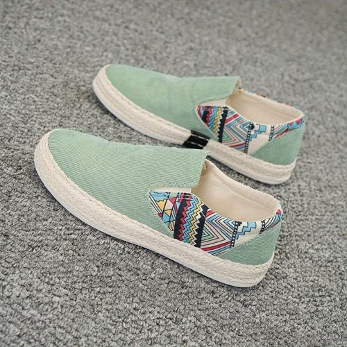Mint Green Fabric Slip-On Shoes with Geometric Pattern – Comfortable, Stylish & Breathable