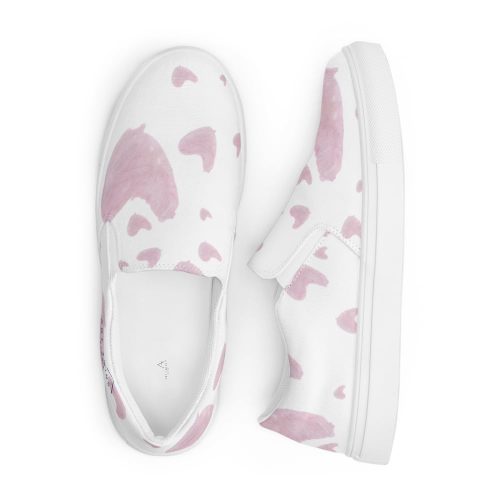 White Fabric Slip-On Shoes with Pink Heart Pattern – Comfortable, Breathable & Stylish - Image 2