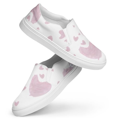 White Fabric Slip-On Shoes with Pink Heart Pattern – Comfortable, Breathable & Stylish