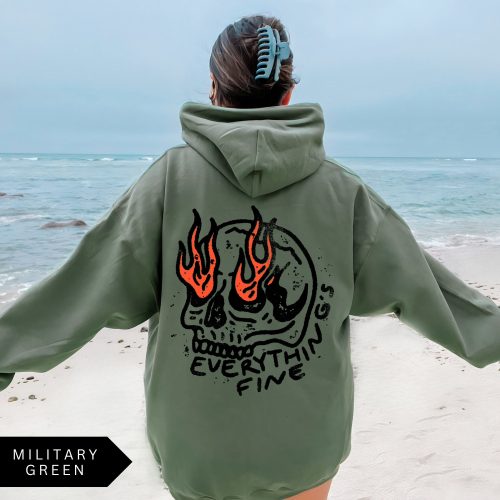 Everything’s Fine Skull Hoodie – Retro Grunge Skeleton Sweatshirt, Vintage Oversized Graphic Hoodie, Trendy Unisex Pullover - Image 3