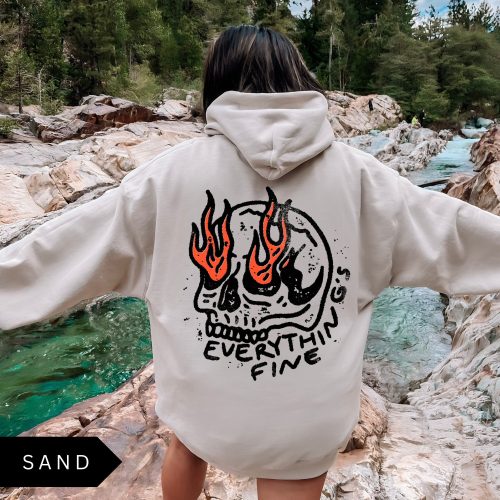 Everything’s Fine Skull Hoodie – Retro Grunge Skeleton Sweatshirt, Vintage Oversized Graphic Hoodie, Trendy Unisex Pullover