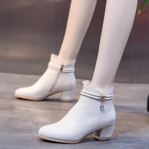 White PU Leather Ankle Boots with Chunky Heel – Stylish, Comfortable & Durable
